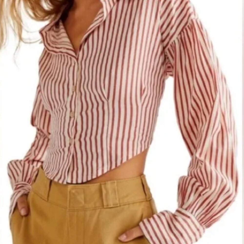 Free People Red and White Striped Button Down Shirt LARGE